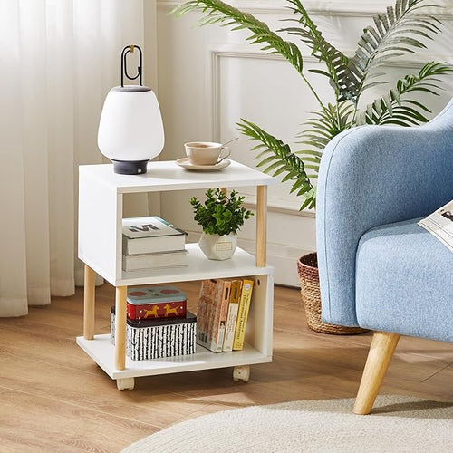 Aibiju Wooden Night Stand with Open Shelf, Nightstand with Wheels, S-Shaped Bed Side Table 3 Tier, 20 inch High End Table White YD-TM155W
