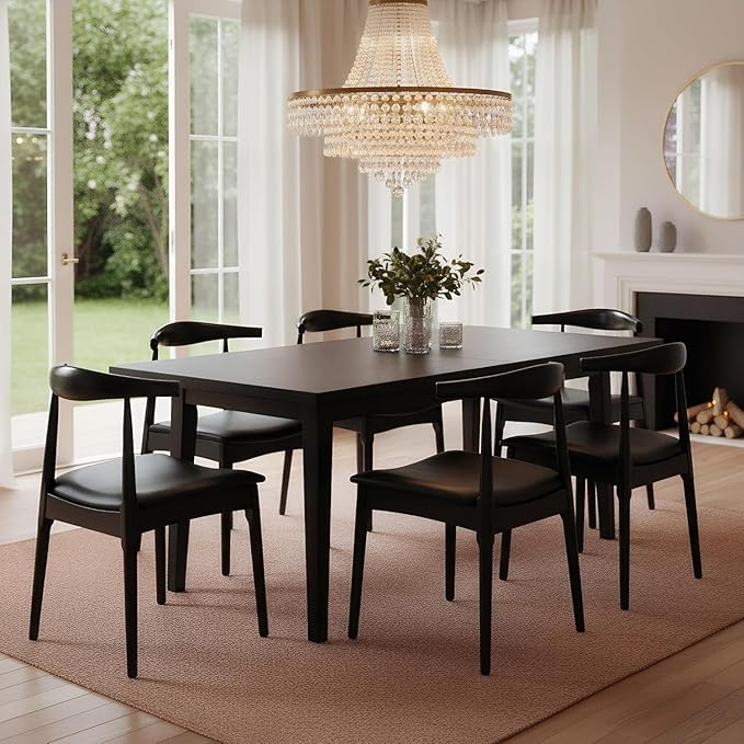 ROCITY Black Dining Chairs Set of 2 Leather Kitchen Chairs with Wood Legs and Barrel Backs, Mid Century Modern Dining Room Chairs