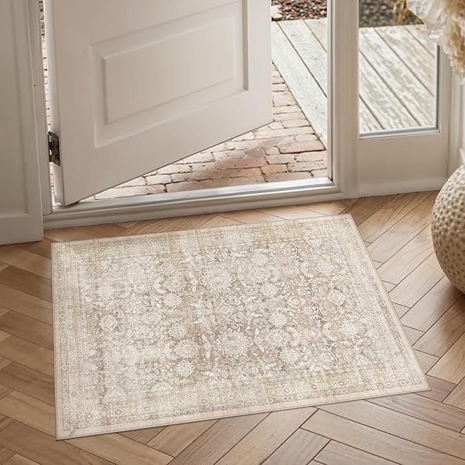 2x3 Beige Washable Neutral Area Rug for Entryway Non Slip Soft Thin Throw Rug Floral Durable Low Pile Carpet Modern Stain Resistant Door Mat for Living Room Laundry Kitchen Office Playroom