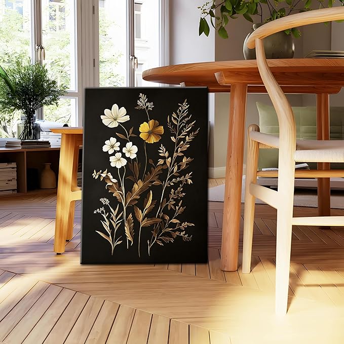 Vintage Black Flower Wall Art Decor Set of 3, Beautiful Wildflower Botanical Canvas Prints, Dark Academia Fall Floral Poster Painting Picture for Bedroom Living Room 12x16 Inch Framed