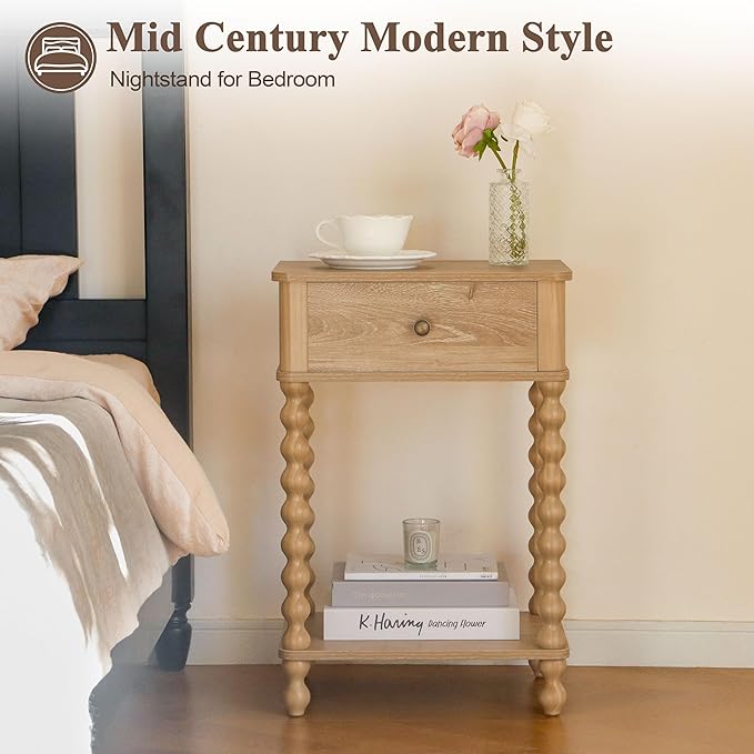 AWASEN Night Stand, Wood End Table with Drawer for Living Room, Small Bedside Side Table with Spindle Wood Legs for Bedroom, Office, Rustic Walnut