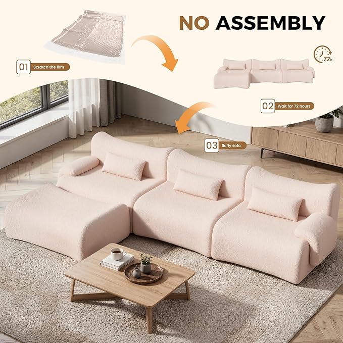 Cloud Couch Sectional, L Shaped Boneless Couches for Living Room - Oversized Modular Sofa with Deep Seats, Modern Couches with Movable Ottoman,Khaki(Pink-Toned)