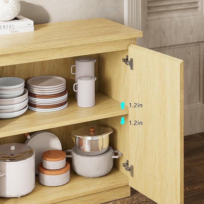 iPormis Sideboard Buffet Cabinet with Storage & LED Lights, Credenza Sideboard with Doors and Adjustable Shelves, 60" Coffee Bar Table Storage Cabinet for Dining Room Kitchen Living Room, Natural