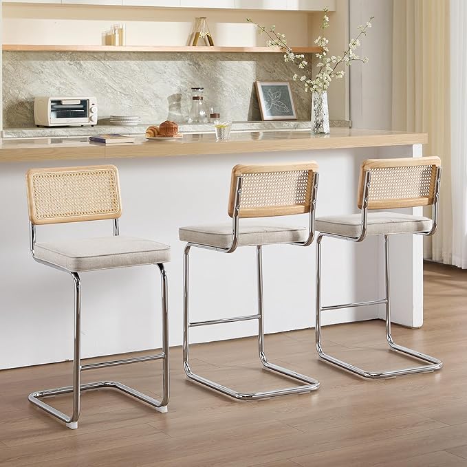 Zesthouse Rattan Counter Stools Set of 3, 26'' Mid Century Modern Bar Stools, Linen Fabric Counter Height Barstool with Solid Wood Back & Natural Cane Mesh, Boho Cantilever Island Chair, Beige Grayish