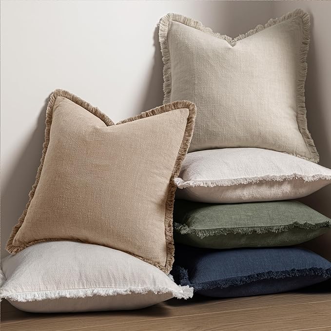 MIULEE Decorative Throw Pillow Covers Neutral Linen Fringe Throw Pillows Euro Shams Set of 2 Camel Boho Farmhouse Cushion Covers for Couch Sofa Bed Living Room Spring Home Decor 26x26 Inch