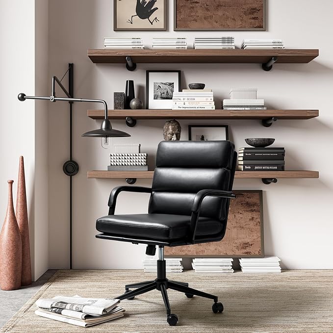 HULALA HOME Modern Faux Leather Home Office Chair with Tilt Lock & Metal Base, Desk Chair with Wheels & Padded Cushion, 360° Swivel Wide Seat Computer Task Chair, Black