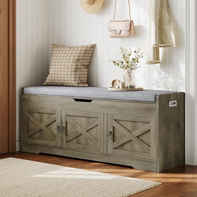 Farmhouse Shoe Storage Bench with Cushion Seat, 3-Tier Entryway Bench with Lift Top Storage and Adjustable Shelf, Bench for Hallway, Bedroom, Grey