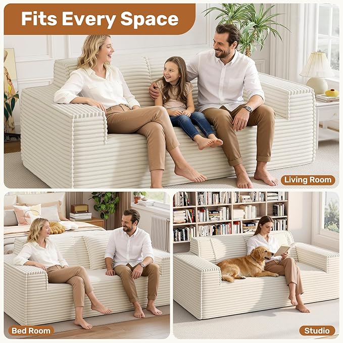 75'' Modern Cloud Loveseat Sofa Set of 2, No Assembly Required Comfy Deep Seat Couches 2 pcs for Living Room, Bedroom, Apartment (Corduroy-Beige)