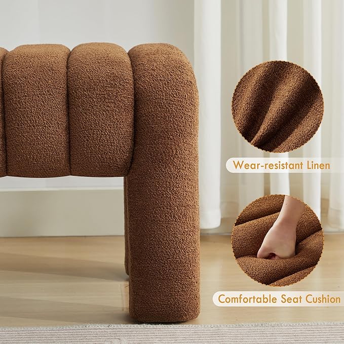 43" Upholstered Boucle Bench Bedroom, Padded Ottoman Bench, Sherpa Window Seat for Living Room Entryway End of Bed, Rust Brown
