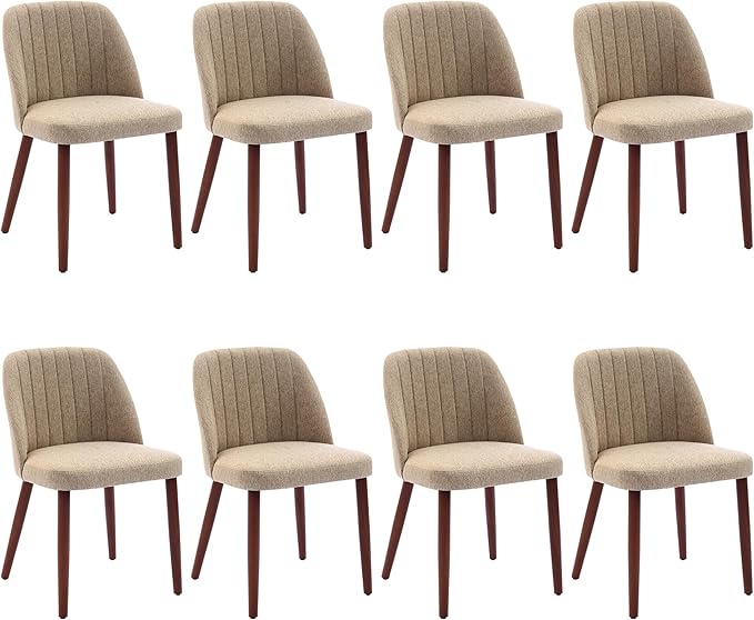 GarveeHome Wooden Dining Chairs Set of 8, Upholstered Kitchen Dining Room Chairs with Padded Seat and Wood Legs, Modern Fabric Side Dinner Chair for Kitchen, Dining Room, Restaurant, Cafe, Camel