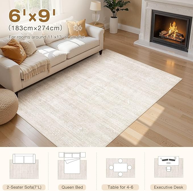 6x9 Area Rug Living Room: Washable Large Vintage Grey Rug Neutral Non-Slip Soft Stain Resistant Indoor Carpet for Bedroom Nursery Dining Room Under Table Bed Home House Office Playroom - Beige White