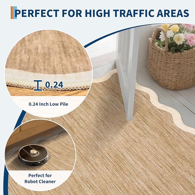 GarveeHome Scalloped Washable Runner Rug 2'6'' x 10' Runner Non Slip Kitchen Rugs Modern Entryway Rug Farmhouse Soft Bathroom Rugs Stain Resistant Carpet for Hallway Laundry Bedroom