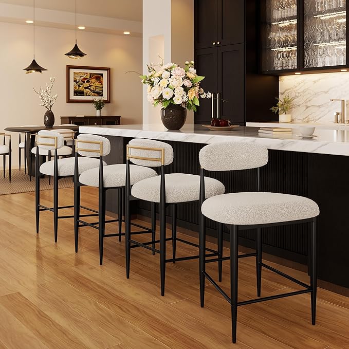 Morden Fort Counter Height Bar Stools Set of 2, Modern Cream Counter Stools with Backs and Gold Accent, 26" Boucle Upholstered Island Chairs for Kitchen and Home Bar