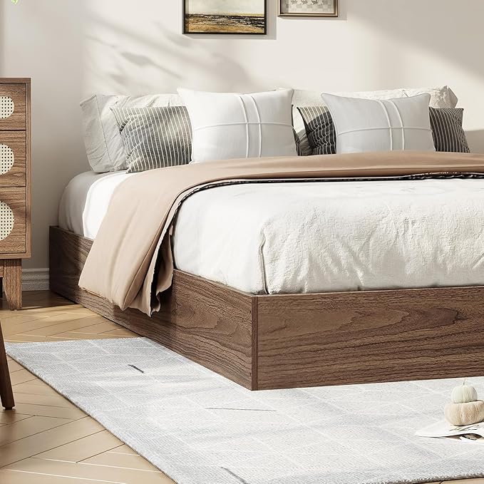 Twin Size Solid Wood Platform Bed with Sturdy Wooden Slats, Floor-Standing Bed Frame, Modern Minimalist Design Space-Saving Bed Frame, No Box Spring Needed, Space Saver, Easy Assembly, Walnut Wood