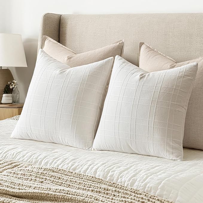 MIULEE Decorative Linen Check Throw Pillow Covers Neutral Farmhouse Vintage Pillow Covers 20x20 Set of 2 Boho Modern Home Decor for Sofa Couch Bedroom Cushion Cream White