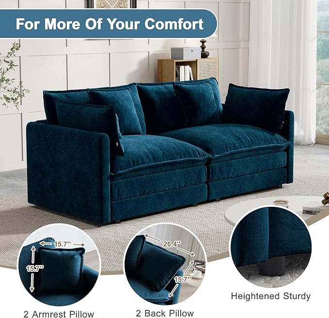 Modular Sectional Sofa, 76.7 Inch I-Shaped Cloud Sofa with Deep Seat Comfortable Chenille Sofa with Cushion Double Sectional Sofa for Living Room Apartment,Blue