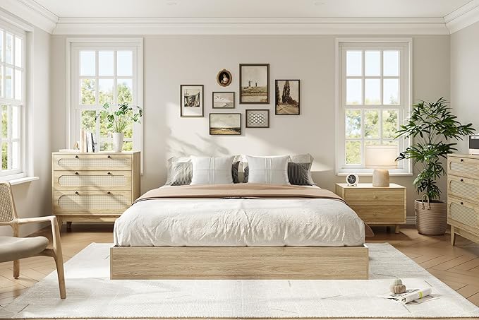 Solid Wood Platform Bed with Sturdy Wooden Slats, California King Size Floor-Standing Bed Frame, Modern Minimalist Design Bed Frame, No Box Spring Needed, Easy Assembly