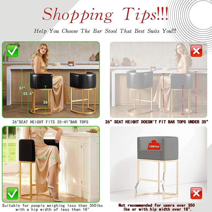 26" Modern Counter Height Bar Stools,PU Leather Upholstered Barrel Barstools with Backs,Island Chairs Bar Stools Set of 1,Metal Gold Frames,Black Leather