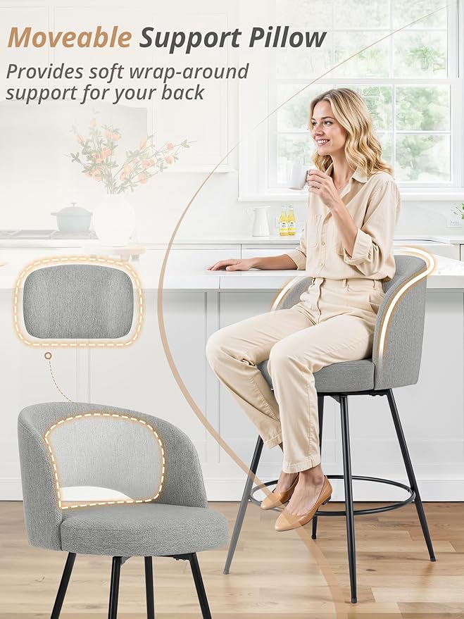 LUE BONA 26''H Swivel Bar Stools Set of 3, Counter Height Bar Stools with Backs, Lumbar Pillow and Black Metal Frames, Upholstered Morden Barstools for Kitchen Island, Linen Farbic, Gray