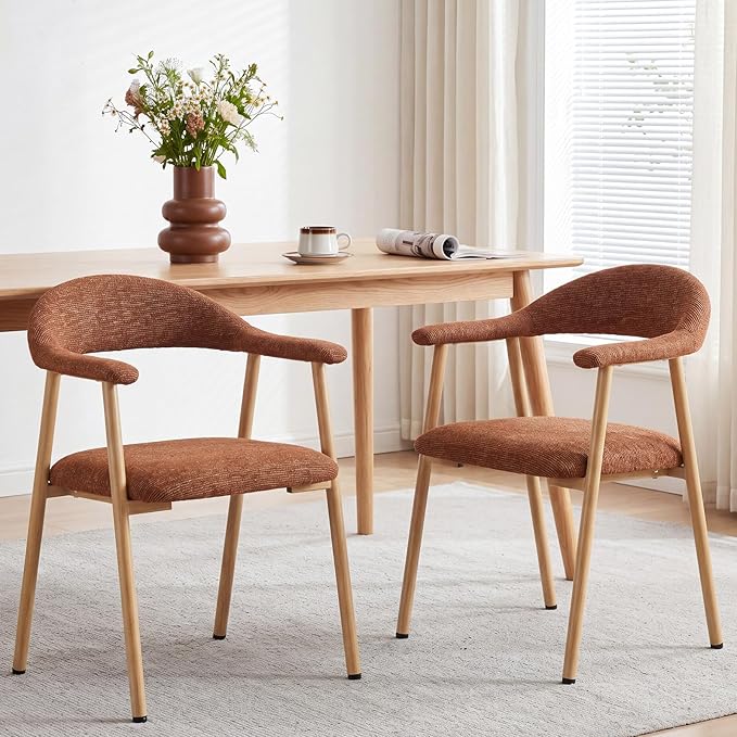 DUMOS Dining Chairs Set of 2, Linen Fabric Upholstered Kitchen Side Chairs with Curved Backrest & Metal Legs, Modern Farmhouse Accent Chairs for Dining Room Kitchen Living Room Cafe, Orange
