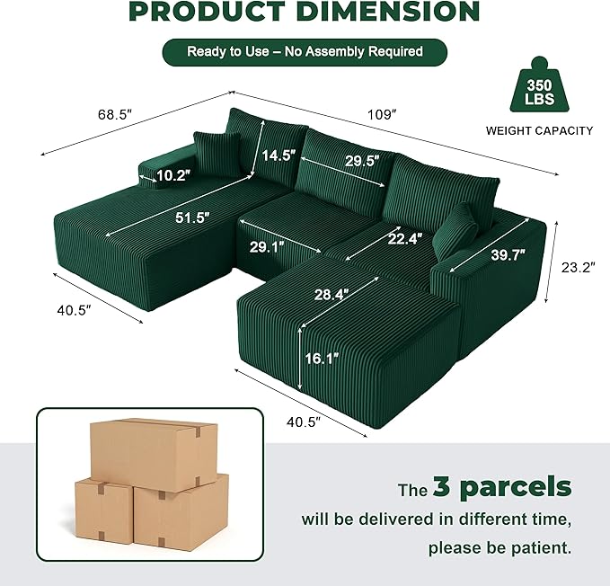 Weture 108” Modular Sectional Couches, Modern Modular U-Shape Sofa with Chaise, Cloud Sectional Couch with Deep Seat, Upholstered Boneless Sofa for Living Room (5 Seat, Green)