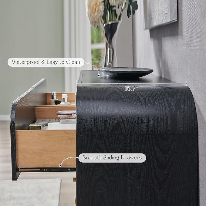 T4TREAM Fluted 6 Drawers Dresser for Bedroom, 54" Wide Modern Chest of Drawers with Thickened Curved Profile Design, Wood Dressers TV Stand for Bedroom, Living Room, Hallway, Black Oak