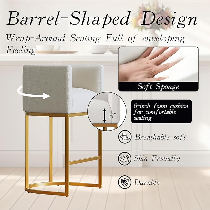 Modern Counter Height Bar Stools,Bar Stools Set of 2,Fabric Upholstered Barrel Barstools with Backs,26'' Kitchen Island Chairs,Metal Gold Frames,Off White Linen