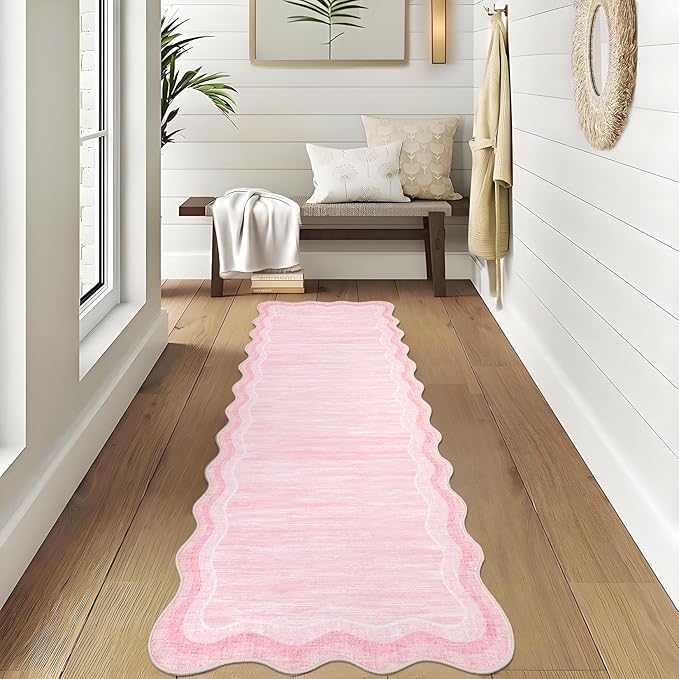 Garvee Washable Runner Rug 2x6 Scalloped Rugs for Bathroom Modern Kitchen Hallway Rugs Stain-Resistant Non-Slip Solid Rug Soft Scalloped Entryway Carpet Runner for Bathroom Laundry Bedside(Pink,2x6ft)