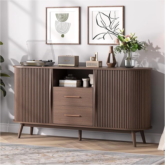 JOINICE 63" Fluted Storage Cabinet for Living Room,Mid-Century Modern Sideboard with Sliding Doors, Walnut Buffet Cabinet with Drawers & Solid Wood Legs, Large Accent Credenza for Home, Dining Room