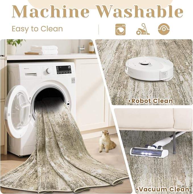 Washable Rug 9x12 Area Rugs for Living Room: Large Neutral Soft Rug Abstract Non Slip Low Pile Modern Carpet for Bedroom Kitchen Nursery Office Dining Room Indoor (Brown, 9'x12')
