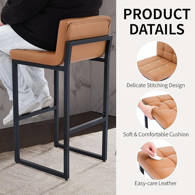 FIRAVOE Bar Stools Set of 3, Upholstered PU Leather Counter Height Barstools with Low Back and Thickened Metal Legs, Modern Island Chairs for Kitchen Island (Caramel Brown, 3Pcs 26" Counter Stools)