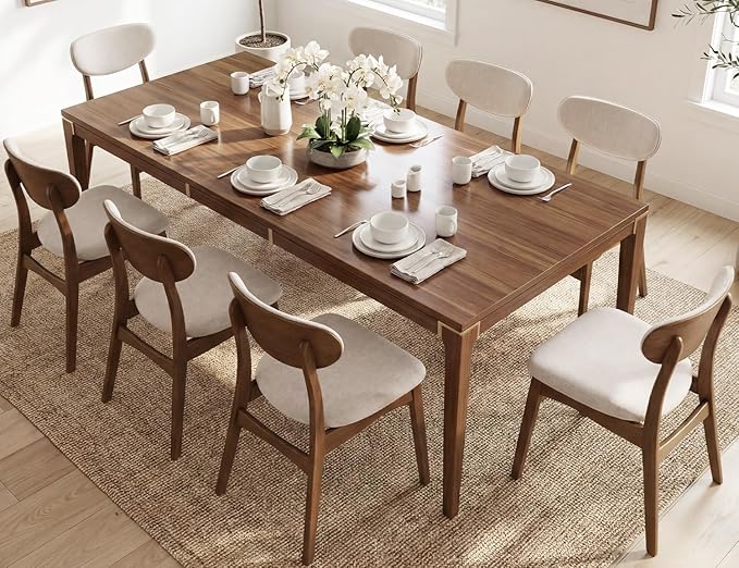 Wooden Dining Chairs Set of 8 - Farmhouse Fabric Upholstered Kitchen Chairs with Curved Back, Solid Wood Mid-Century Modern Side Chair for Dining Room, Beige & Walnut