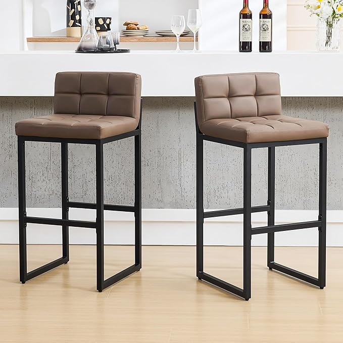 FIRAVOE Set of 2 Barstools, Counter Height Bar Stools with Back, Faux Leather, Thickened Metal Legs, 30-inch Island Chairs for Kitchen Island, Bar, Counter (Coffee Brown, 2Pcs 30" Bar Stools)