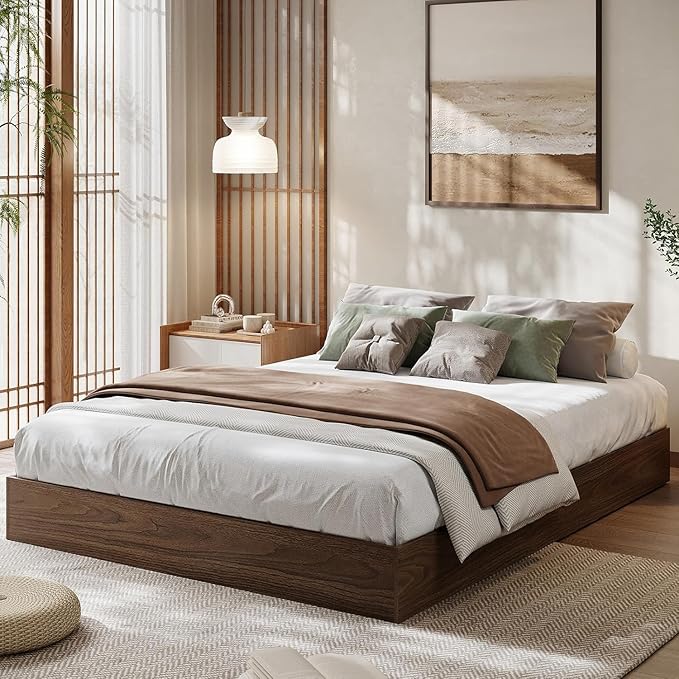 California King Size Solid Wood Platform Bed with Sturdy Wooden Slats, Floor-Standing Bed Frame, Modern Minimalist Design Bed Frame, No Box Spring Needed, Space Saver, Easy Assembly, Walnut Wood
