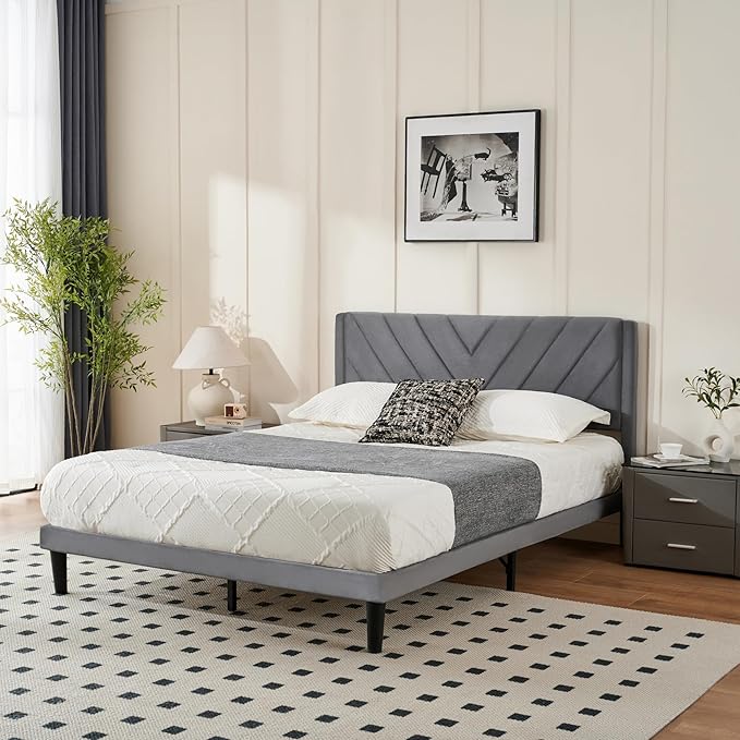 Full Bed Frame with Headboard, Bed Frame Full Size with Sturdy Wooden Slats Support, Platform Bed Frame with Velvet Upholstered Headboard, Mattress Foundation, Easy Assembly, No Box Spring Needed