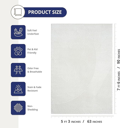 Abani Neutral Cream Area Rug 5' x 8' | White Luxury Zen Carpet | Minimalist Ivory Rugs for Bedroom, Living Room and Dining
