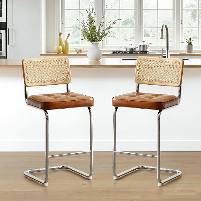 Zesthouse Natural Rattan Bar Stools Set of 4, Modern Counter Height Stools with Solid Wood Back, 26'' Counter Height Chairs, Mid Century Cantilevered Bar Chairs for Kitchen Island, Faux Leather Brown