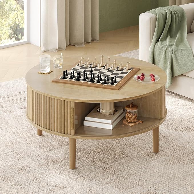 Round Lift Top Coffee Table, Modern Coffee Table with 180° Curved Sliding Door, Fluted Accent Coffee Tables with Hidden Storage and Open Shelves, for Living Room, Office, Oak