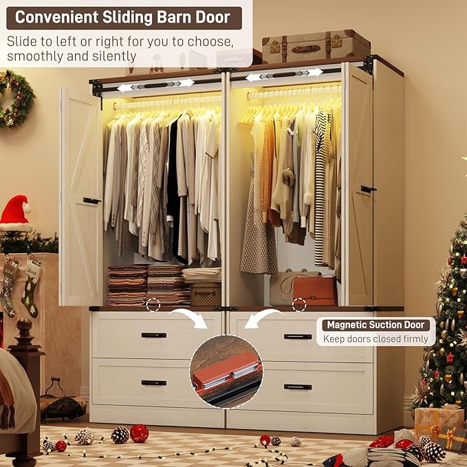 Farmhouse 2 Doors Armoire Wardrobe Closet w/Folding Sliding Barn Door and Lights, LED Armoire Closet w/Drawers for Bedroom, Freestanding Wooden Wardrobe Storage Closets w/Hanging Rod,Antique White