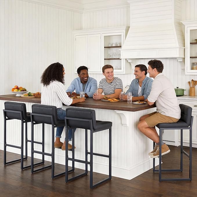 FIRAVOE Modern Bar Stools Set of 4, Upholstered Bar Height Barstools with Low Back and Thickened Metal Frame, 30-inch Tall Island Chairs for Kitchen Island, Bar, Counter (Black, 4Pcs 30" Bar Stools)