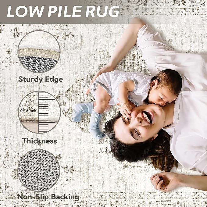 Washable Rugs 5x7 Living Room Rug: Vintage Neutral Area Rugs Soft Non-Slip Indoor Low Pile Carpet for Bedroom Dining Room Nursery Office (Taupe, 5' x 7')