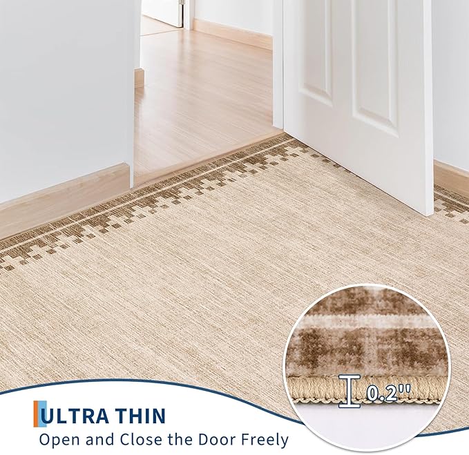 GarveeHome Cross Bordered Washable Rug 5x7 for Living Room Farmhouse Modern Geometric Low Pile Bedroom Carpet Non Slip Light Brown Stain Resistant Area Rugs for Home Office Guest Room, Beige