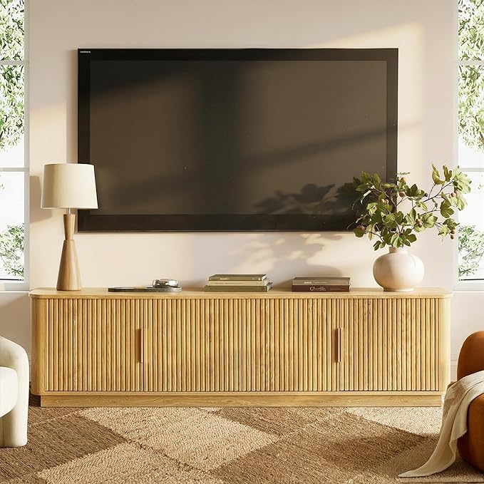 win2win 71" TV Stand for 80 Inch TV, Modern Fluted Entertainment Center with Faux Marble Top, Curved Corners, Boho Minimalist Media Console with Storage for Living Room Bedroom, Oak