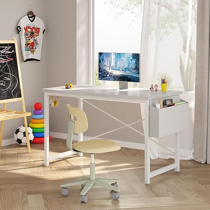 OLIXIS Computer Desk 47 Inch Home Office Desks for Small Spaces, Gaming Writing Study Work Table with Storage Bag and Headphone Hook for Bedroom, White
