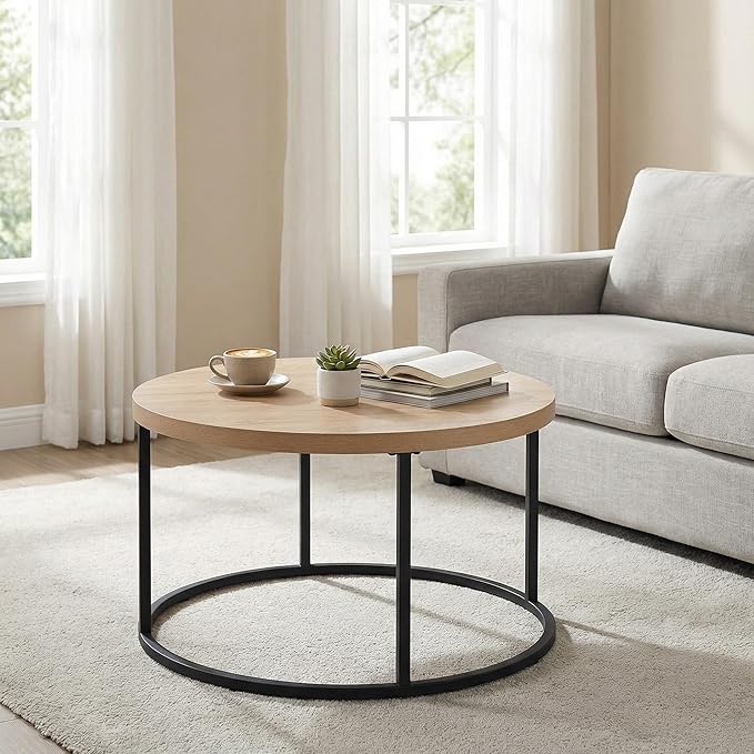 CENSI 31.5" Round Coffee Table, Modern Industrial Natural Oak Wood Center Table for Living Room, Sturdy Metal Legs, Thick 1.4" Scratch-Resistant Surface, Mid Century Farmhouse Circle Table