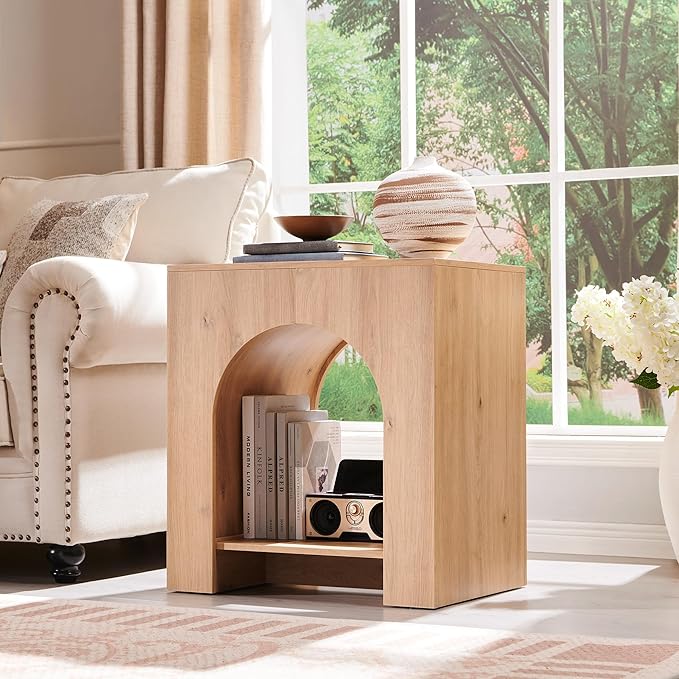 Arched End Table with Type-C Charging Station, 22" Modern Bedroom NightStand with Arched Open Shelf, Night Table with Outlet, USB, Type-C Port for Bedroom, Natural