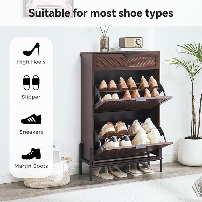 Shoe Cabinet Storage with 2 Flip Drawers, Narrow Hidden Shoes Organizer Cabinet for Entryway, Freestanding Slim Shoe Rack Front Door Entrance(Brown)