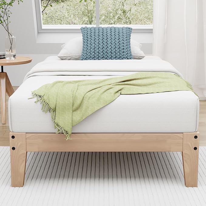 Awesofurni Twin Bed Frame, 12 Inch Solid Wood Platform Bed with Wooden Slats, Natural Finish Wood Bed Frame No Box Spring Needed, Noise Free - Easy Assembly