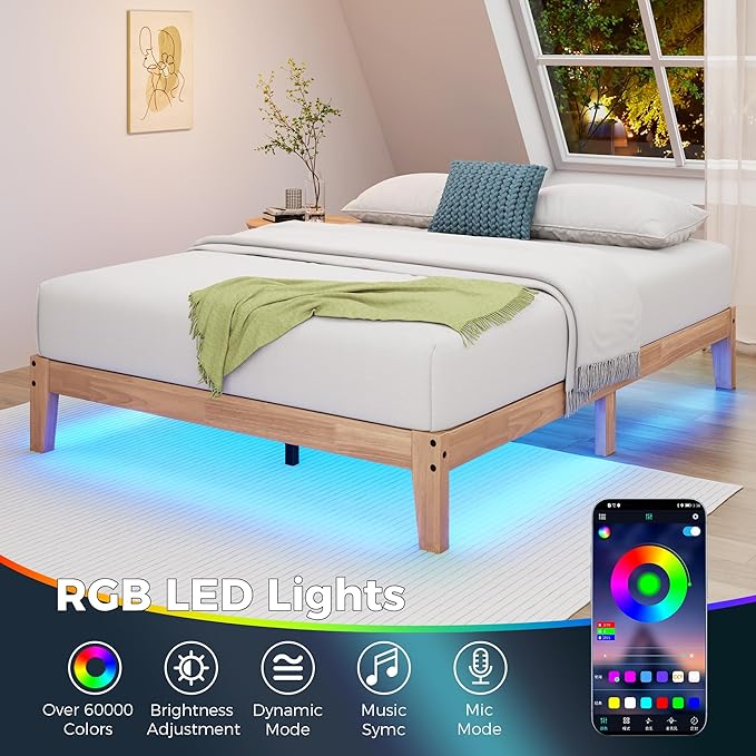 Awesofurni Queen Bed Frame with LED Lights, 12 Inch Solid Wood Platform Bed with Wooden Slats, Natural Finish, No Box Spring Needed, Noise Free - Easy Assembly