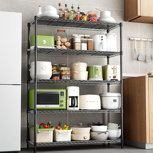 48" W Storage Shelves 1875LBS Metal Shelving, 5-Tier Adjustable Wire Shelving Unit with Liners, Heavy Duty Garage Shelving Steel Rack for Commercial Pantry, 48" W x 18" D x 72" H, Black
